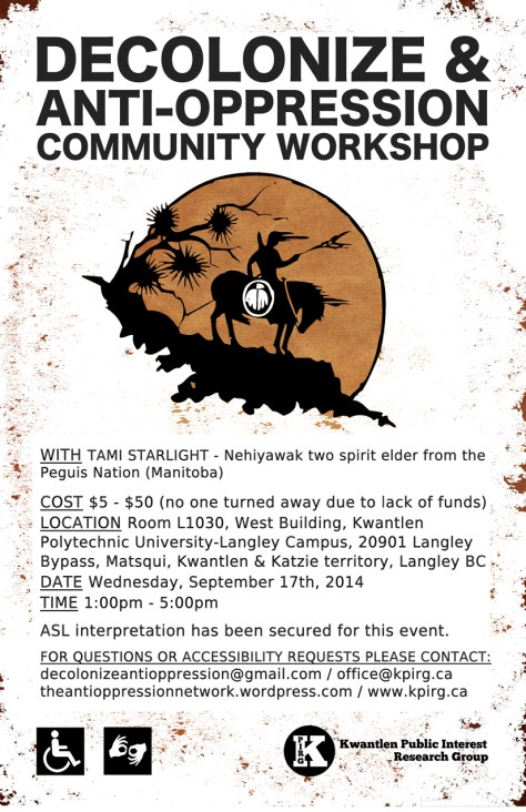 poster for Decolonize & Anti-Oppression workshop in Langley, September 17th, 2014