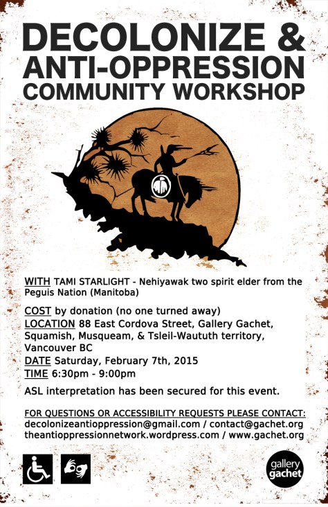 a poster with details on the workshop at Gallery Gachet in Vancouver
